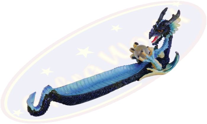 Drache Räucherstäbchenhalter blau mit Glaskugel, Polyresin