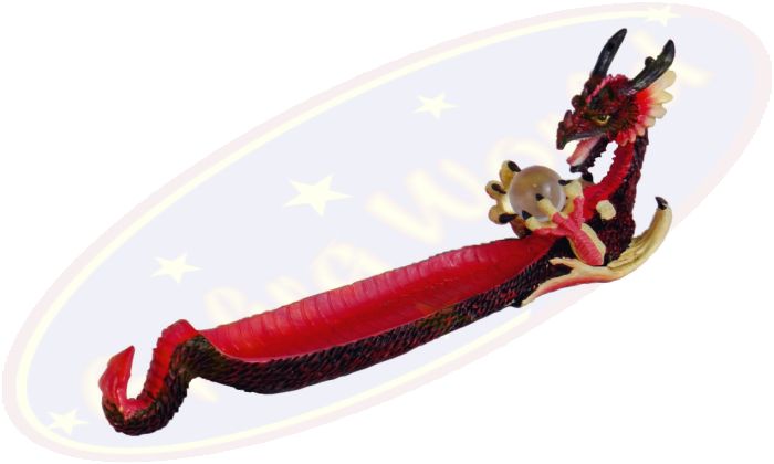 Drache Räucherstäbchenhalter rot mit Glaskugel, Polyresin