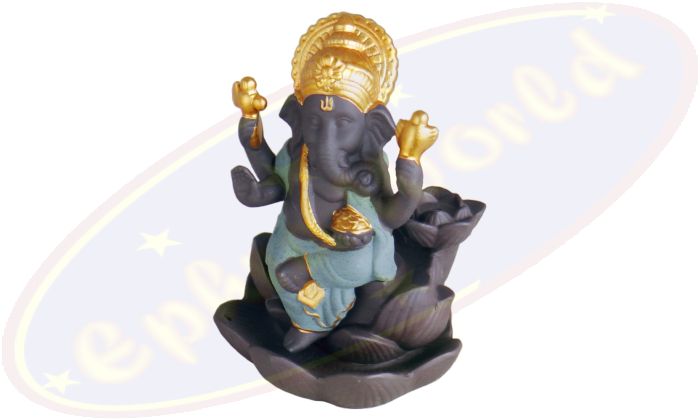 Ganesha Rückfluss-Räucherkegelhalter braun/gold/blau Keramik