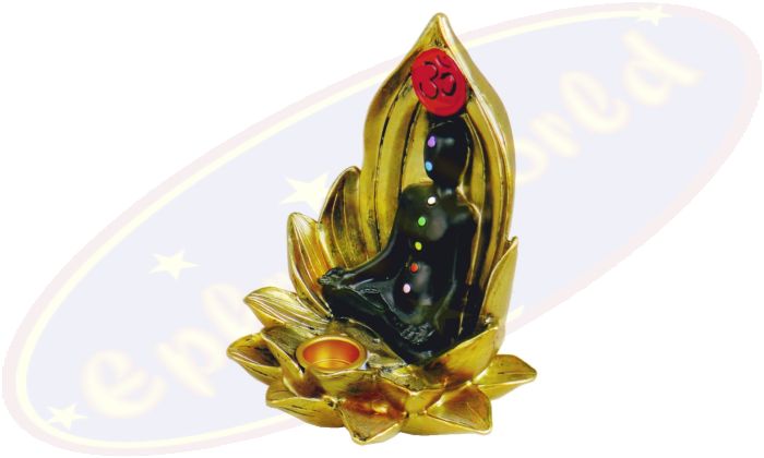 Lotus Om & 7 Chakras Räucherstäbchen- & Kegelhalter mit Rückflußfunktion gold