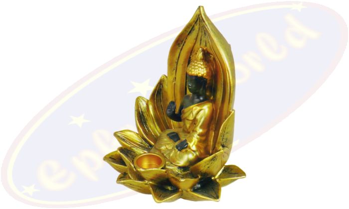 Lotus Tibetan Buddha Räucherstäbchen- & Kegelhalter mit Rückflussfunktion gold