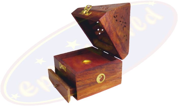 Räucherkegelbox XL Pyramide Holz Motiv Buddha mit Verschluss