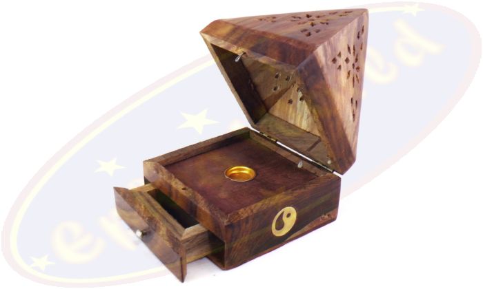 Räucherkegelbox Pyramide Holz Motiv Yin Yang
