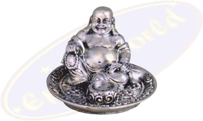 Räucherstäbchenhalter rund Happy Buddha silber Polyresin