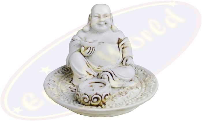 Räucherstäbchenhalter rund Happy Buddha weiß Polyresin