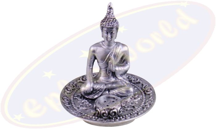Räucherstäbchenhalter rund Thai Buddha silber Polyresin