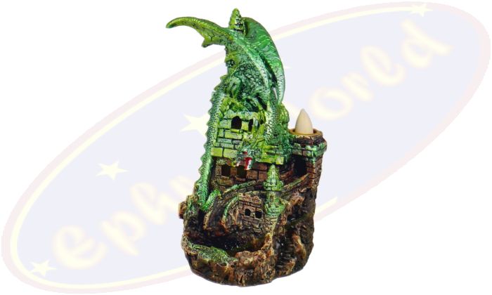 Rückfluss-Räuchergefäß Drache & Burg grün mit LED-Licht