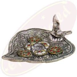 Räucherkegelhalter Trompetenbaumblatt mit Ganeshfigur 11x9cm