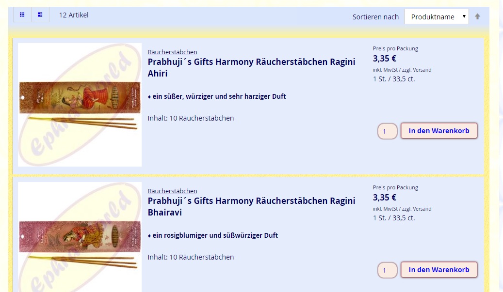 Räucherstäbchen und Räucherwerk in der detailierten Liste Produkt Ansicht Liste mit Duft und Details Beschreibung