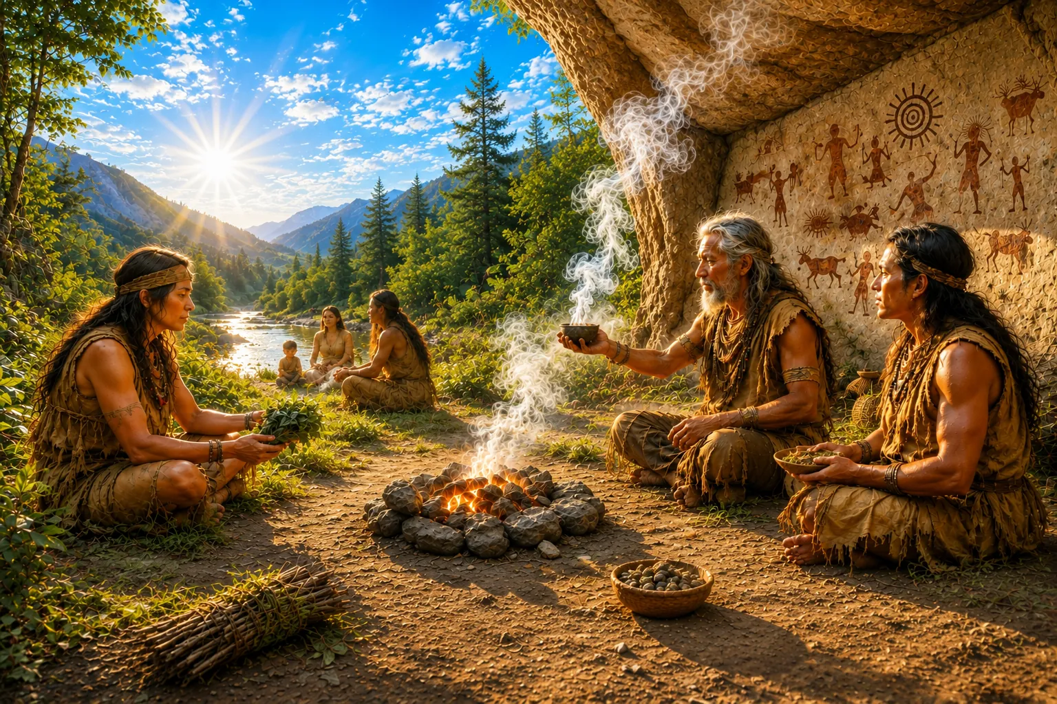 Die Ursprünge des Räucherns — Menschen mit Räucherwerk vor einer Höhle mit Felsmalereien